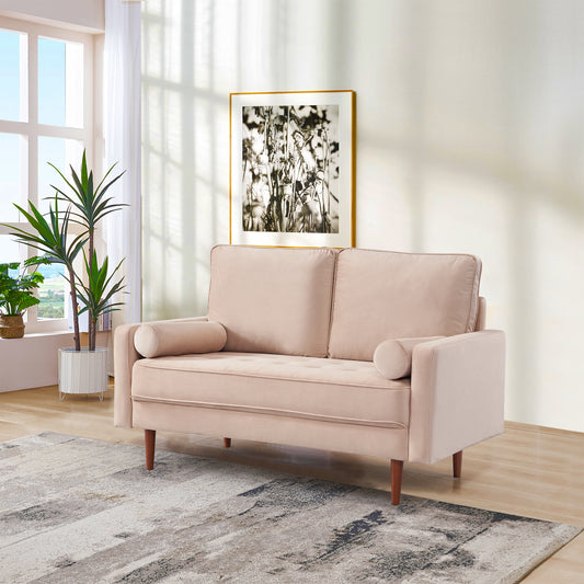 57.1 Upholstered Sofa Couch Furniture, Modern Velvet Loveseat, Tufted 3-seater Cushion with Bolster Pillows - Beige