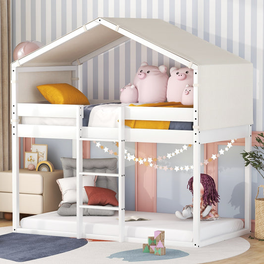 Twin Over Twin Bunk Bed Wood Bed with Tent, White