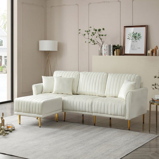 L Shaped Sectional Sofa Couch with Velvet Fabric, Reversible Sectional Sofa Couch for Small Space, Cream Color