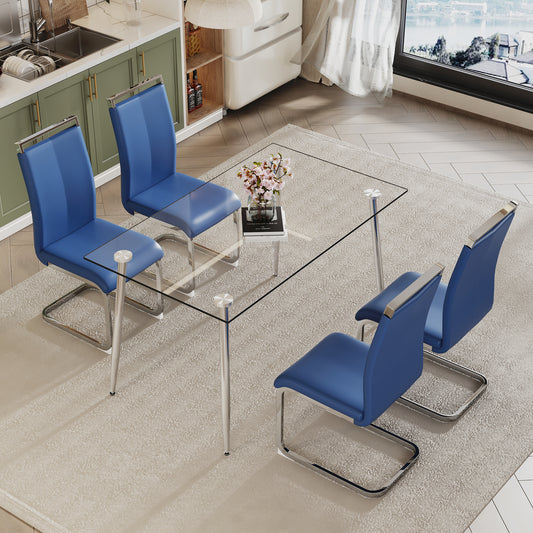 Glass dining table, dining chair set, 4 blue dining chairs, 1 dining table. Table size  51 "W x 31" D x 30 "H