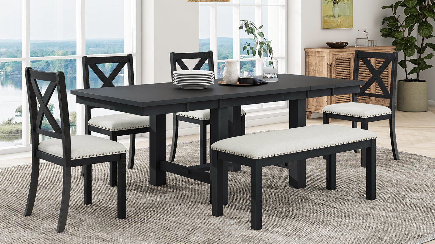 TOPMAX Farmhouse 82inch 6-Piece Extendable Dining Table with Footrest, 4 Upholstered Dining Chairs and Dining Bench, Two 11"Removable Leaf, Black+Beige Cushion