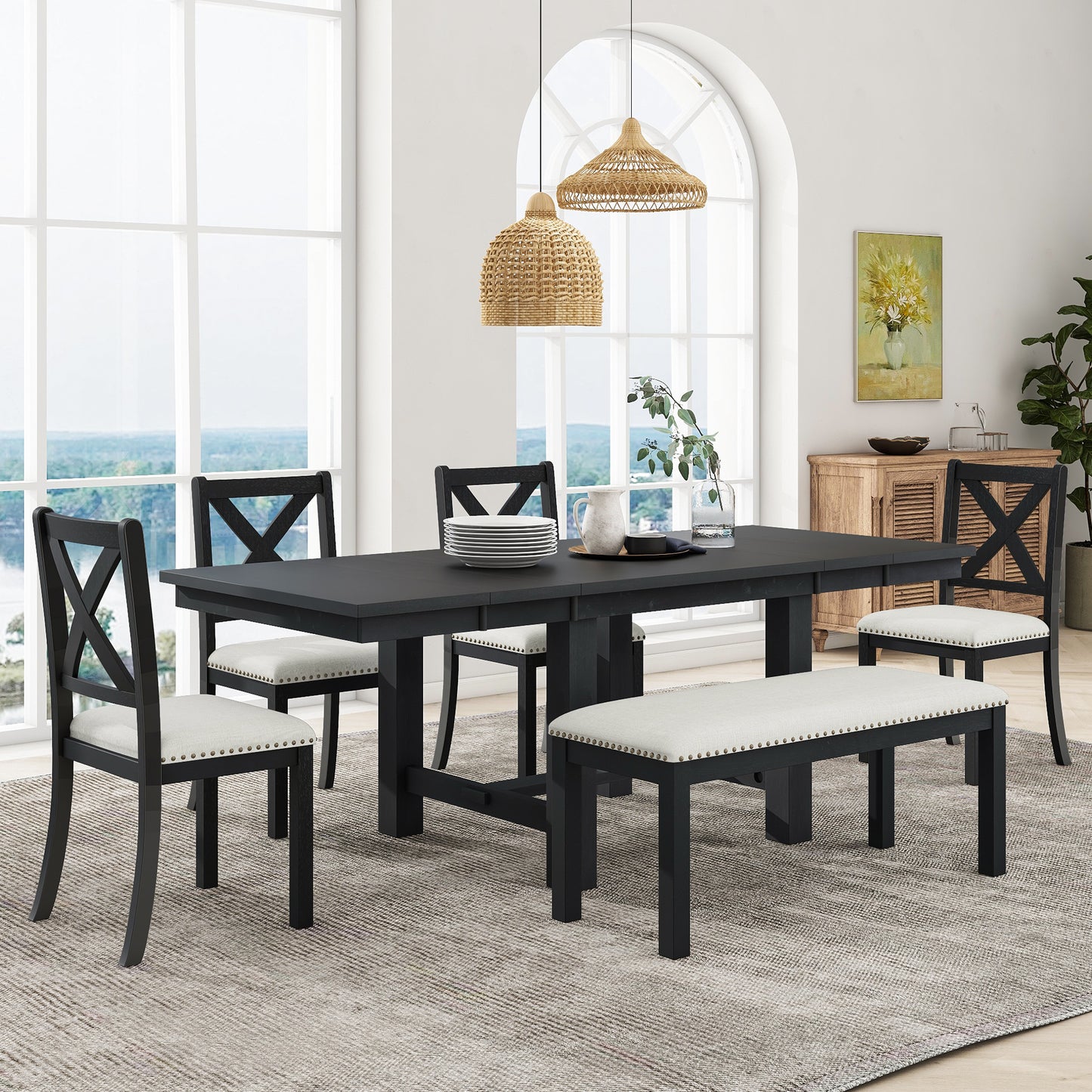 TOPMAX Farmhouse 82inch 6-Piece Extendable Dining Table with Footrest, 4 Upholstered Dining Chairs and Dining Bench, Two 11"Removable Leaf, Black+Beige Cushion