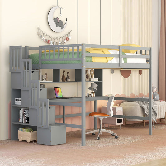 Full Size Loft Bed with Built-in Desk, Bookshelves and Storage Staircase,Grey(Old SKU:W504S00109)