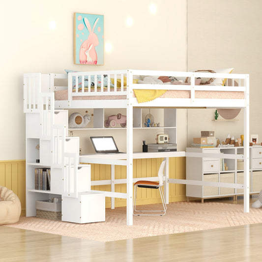 Full Size Loft Bed with Built-in Desk, Bookshelves and Storage Staircase,White(Old SKU:W504S00110)