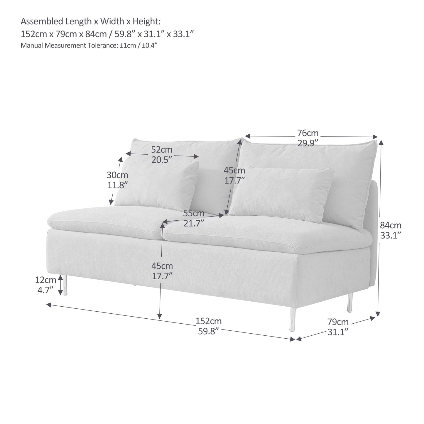 Modern Armless Loveseat Couch,Armless Settee Bench, Emerald Cotton Linen-59.8''