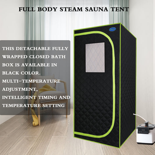 Portable Plus Type Full Size Steam Sauna tent. Spa, Detox ,Therapy and Relaxation at home.Larger Space,Stainless Steel Pipes Connector Easy to Install, with FCC Certification--Black(Green binding)