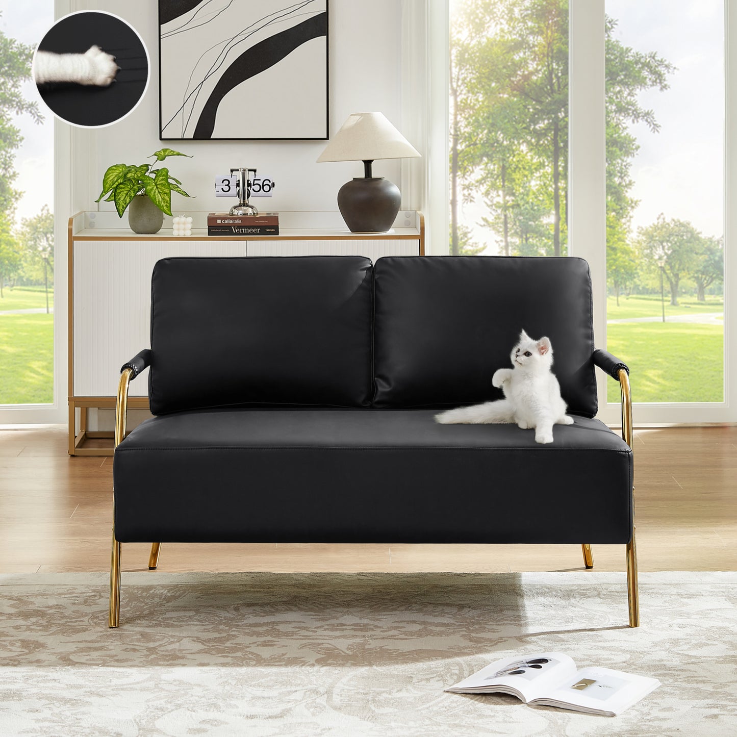 Small Sofa Seater Pet Friendly Fabric Upholstered Loveseat 2-seater Couch with Removable Back Cushion and Metal Leg,  Modern Couches for Small Spaces Living Room, Bedroom, Apartment, Black