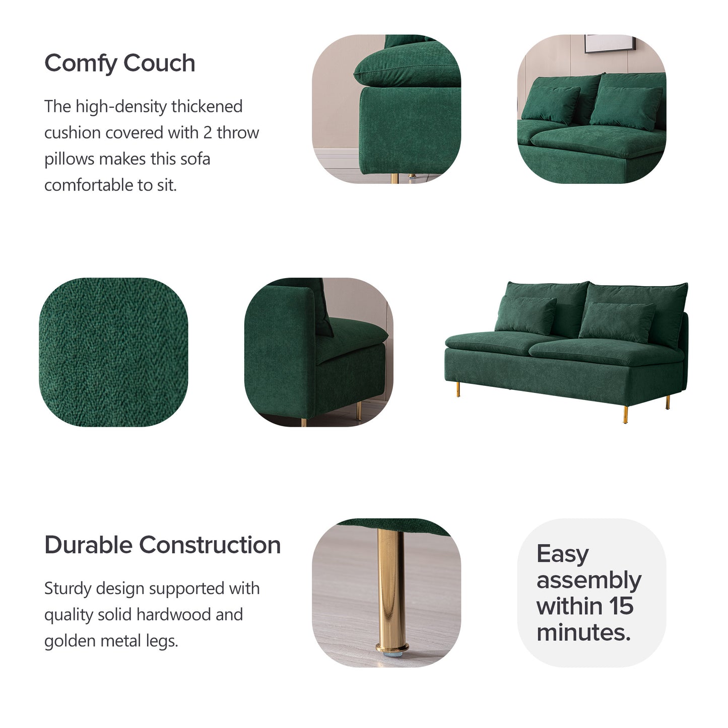 Modern Armless Loveseat Couch,Armless Settee Bench, Emerald Cotton Linen-59.8''