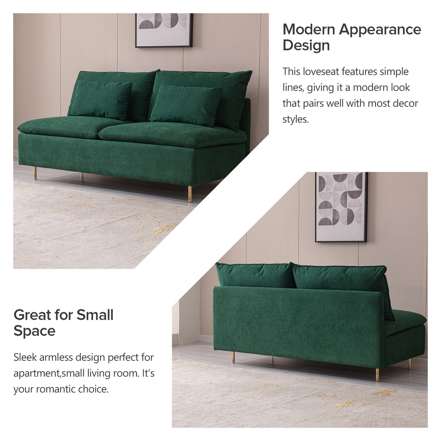 Modern Armless Loveseat Couch,Armless Settee Bench, Emerald Cotton Linen-59.8''