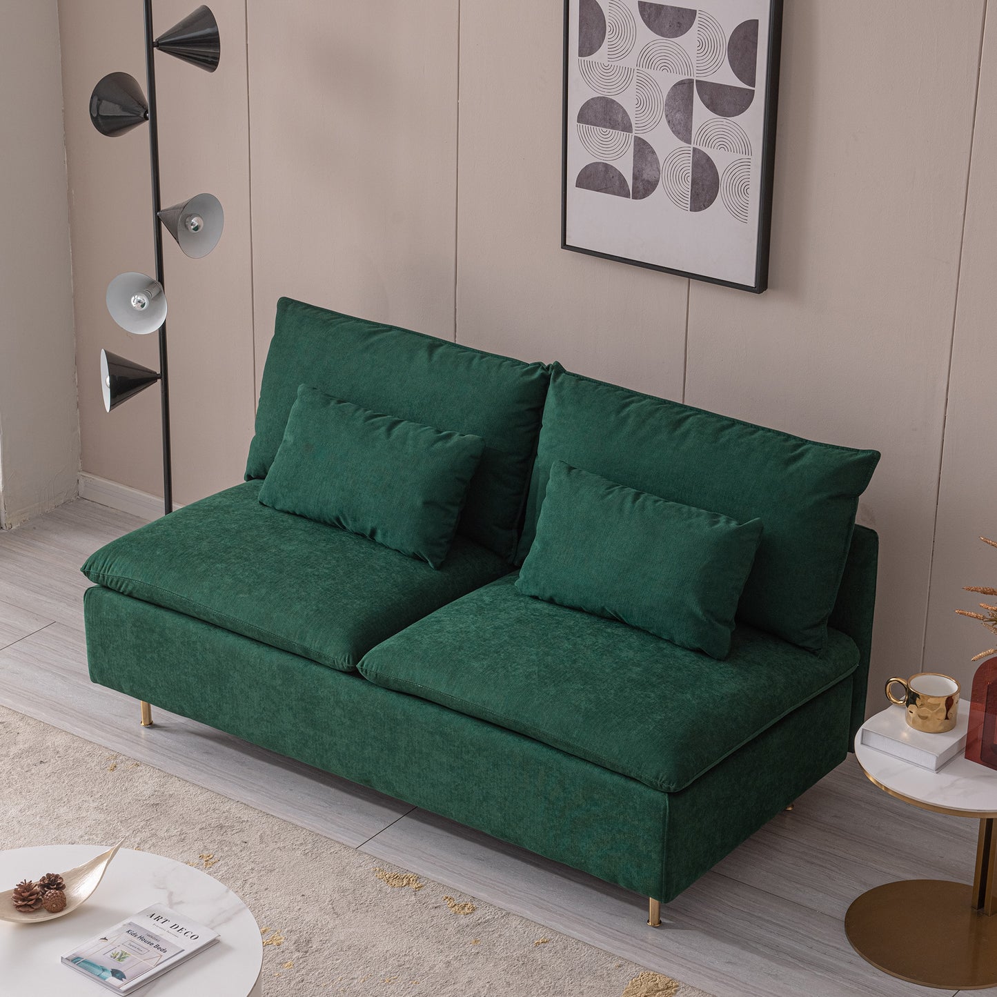 Modern Armless Loveseat Couch,Armless Settee Bench, Emerald Cotton Linen-59.8''