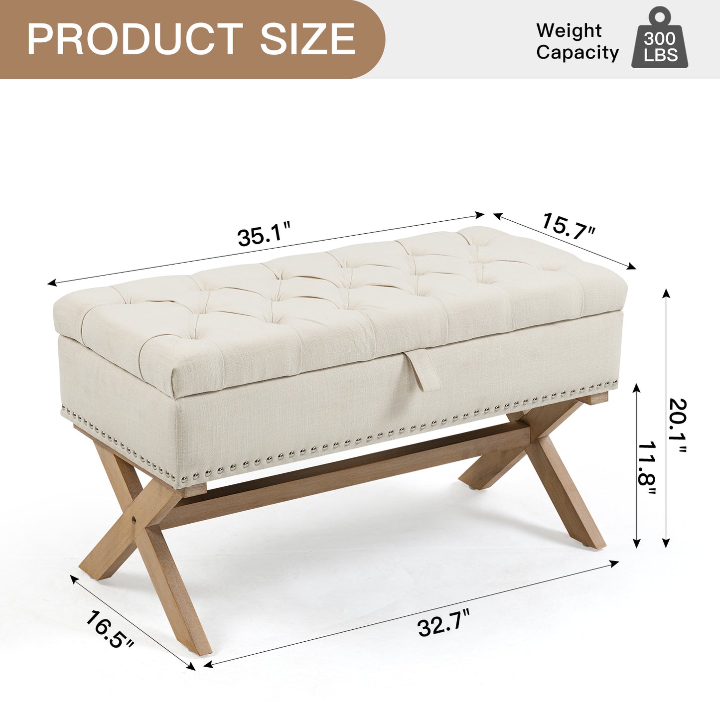 35 Inch Storage Ottoman, Button-Tufted Ottoman Linen Storage Bench, Ottoman with Storage