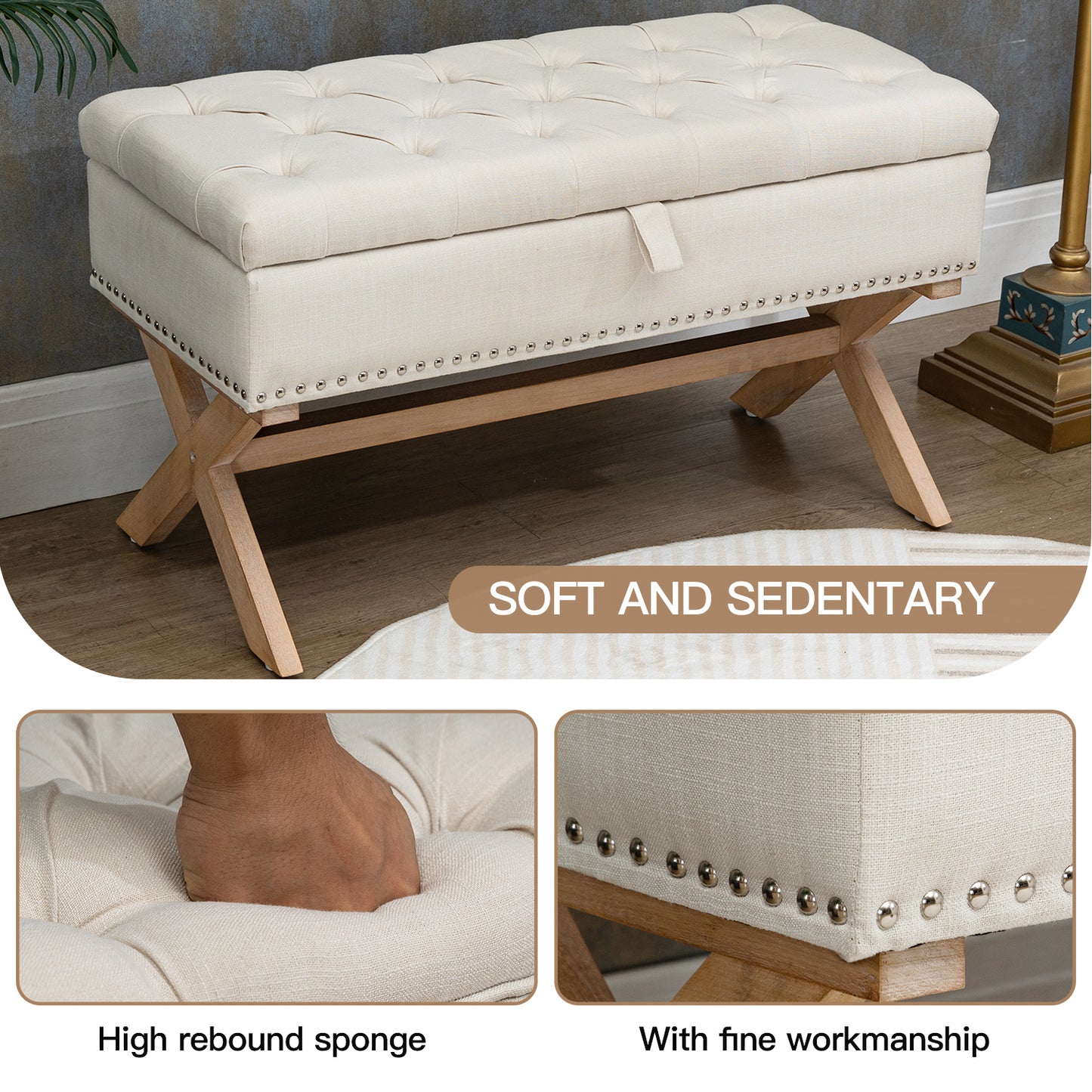 35 Inch Storage Ottoman, Button-Tufted Ottoman Linen Storage Bench, Ottoman with Storage