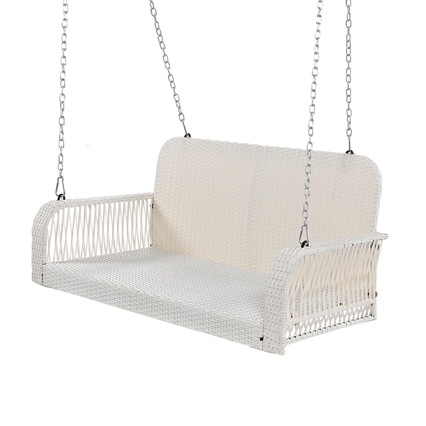 GO PE Wicker Porch Swing, 2-Seater Hanging Bench With Chains, Patio Furniture Swing For Backyard Garden Poolside, White And Gray