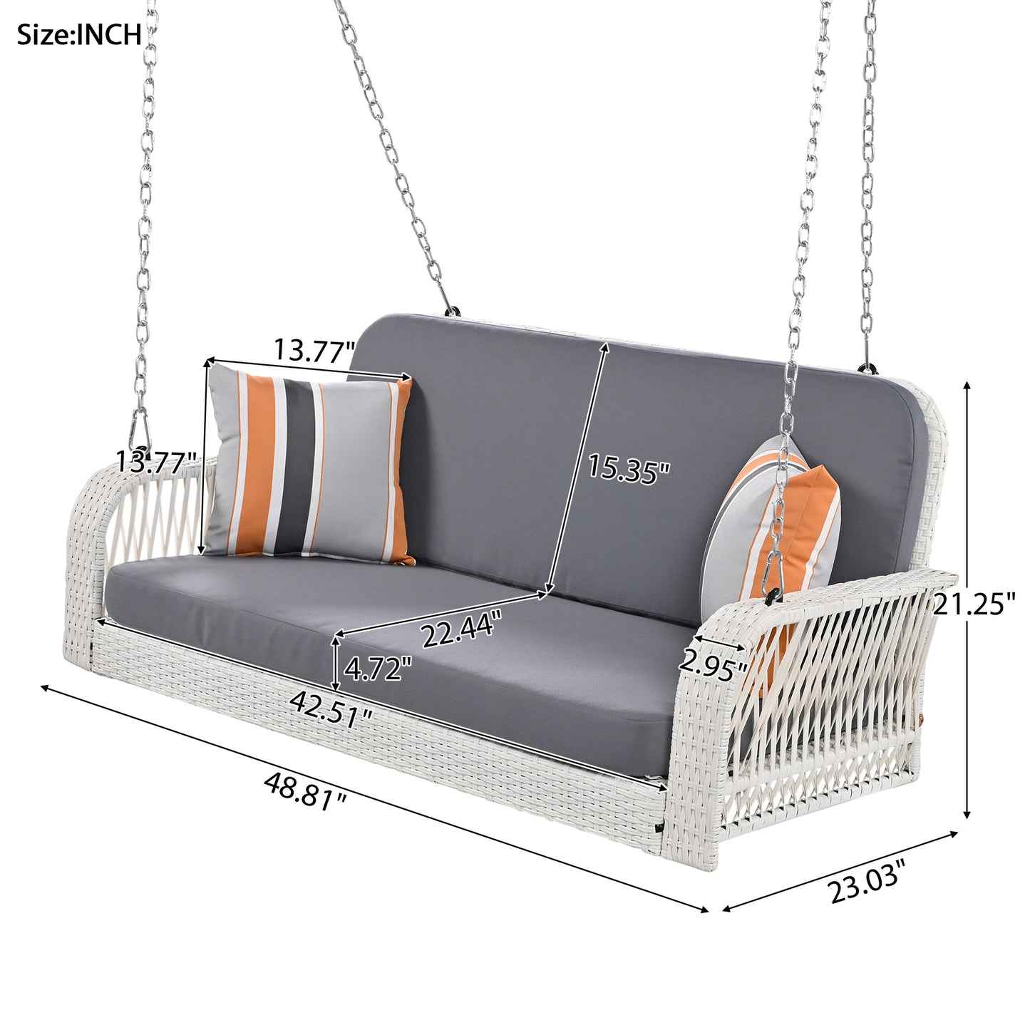 GO PE Wicker Porch Swing, 2-Seater Hanging Bench With Chains, Patio Furniture Swing For Backyard Garden Poolside, White And Gray