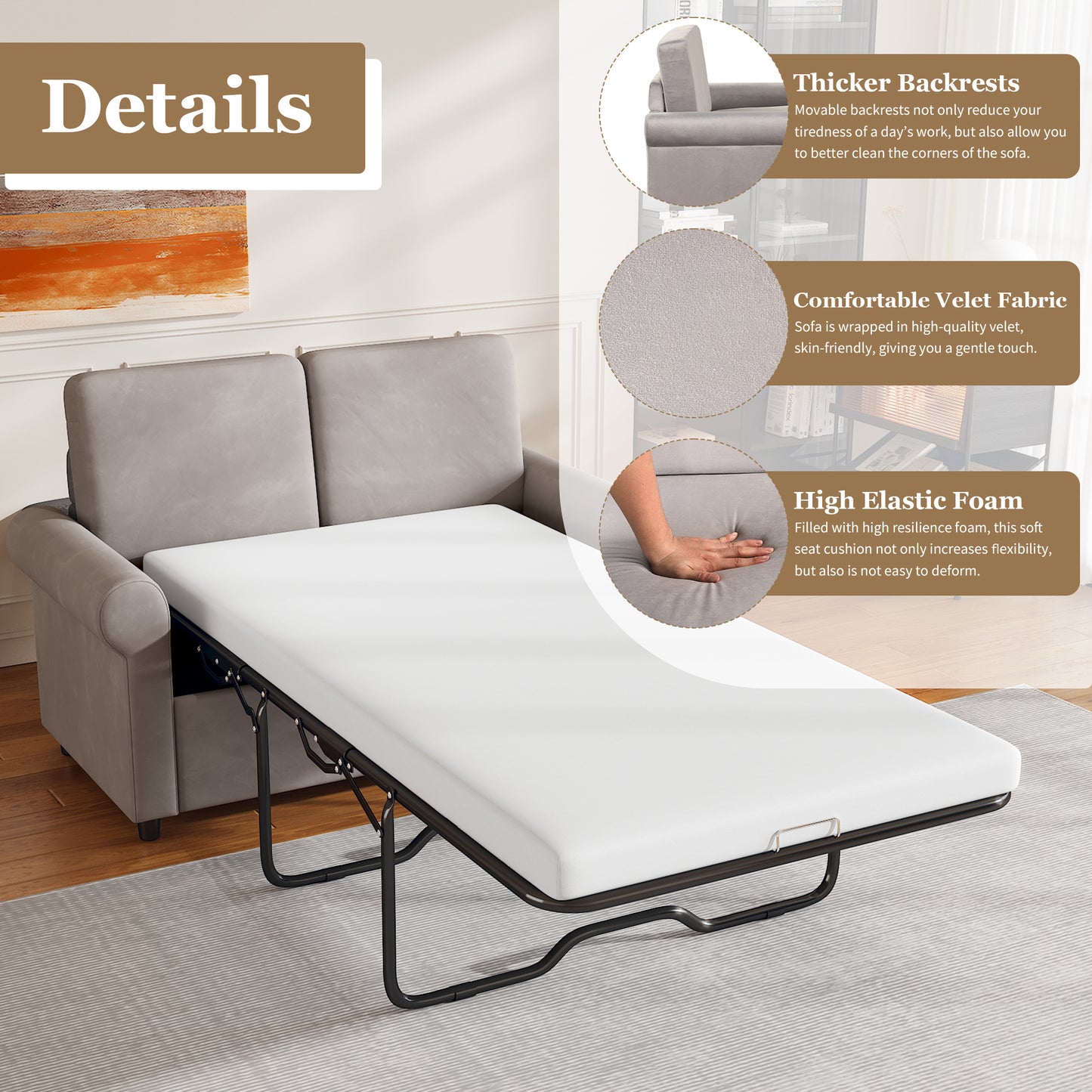 57.4" Pull Out Sofa Bed,Sleeper Sofa Bed with Premium Twin Size Mattress Pad,2-in-1 Pull Out Couch Bed with Two USB Ports for Living Room,Small Apartment, Light Gray (Old SKU:WF296899)