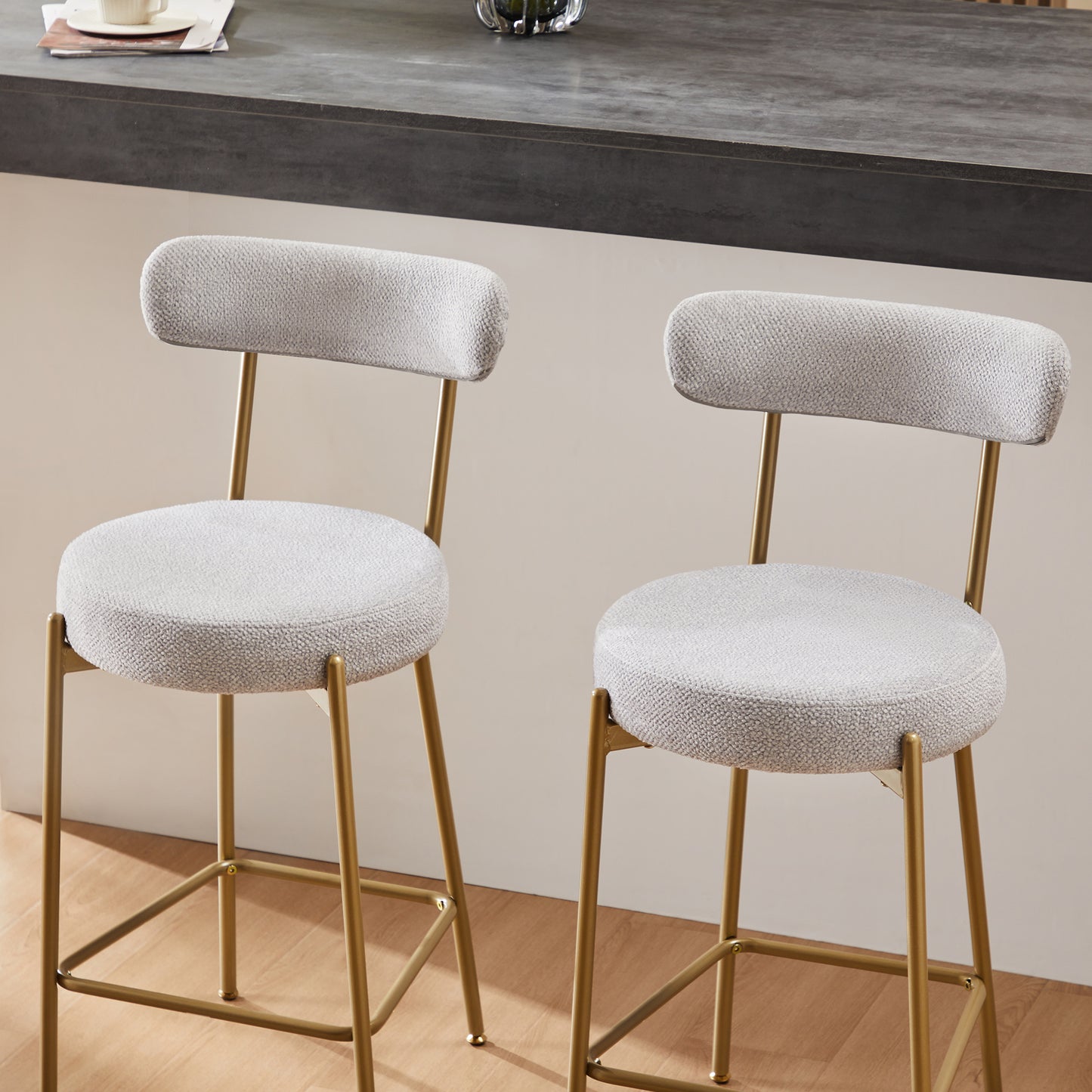 25" Modern Gold Bar Stools Set of 2 Counter Height Bar Stools for Kitchen Counter Upholstered Sherpa Counter Stools with Backs Kitchen Island Stool