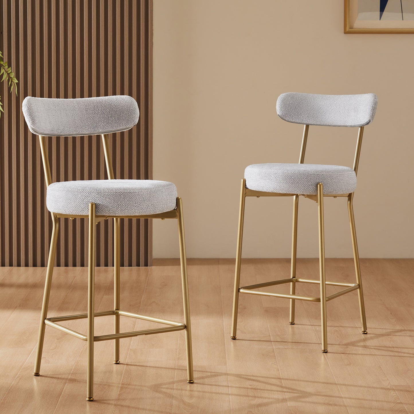 25" Modern Gold Bar Stools Set of 2 Counter Height Bar Stools for Kitchen Counter Upholstered Sherpa Counter Stools with Backs Kitchen Island Stool