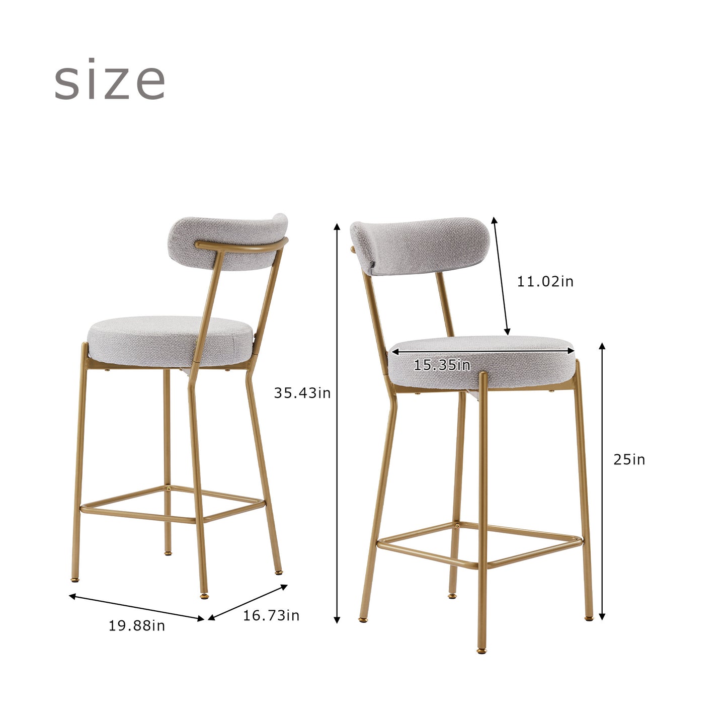 25" Modern Gold Bar Stools Set of 2 Counter Height Bar Stools for Kitchen Counter Upholstered Sherpa Counter Stools with Backs Kitchen Island Stool