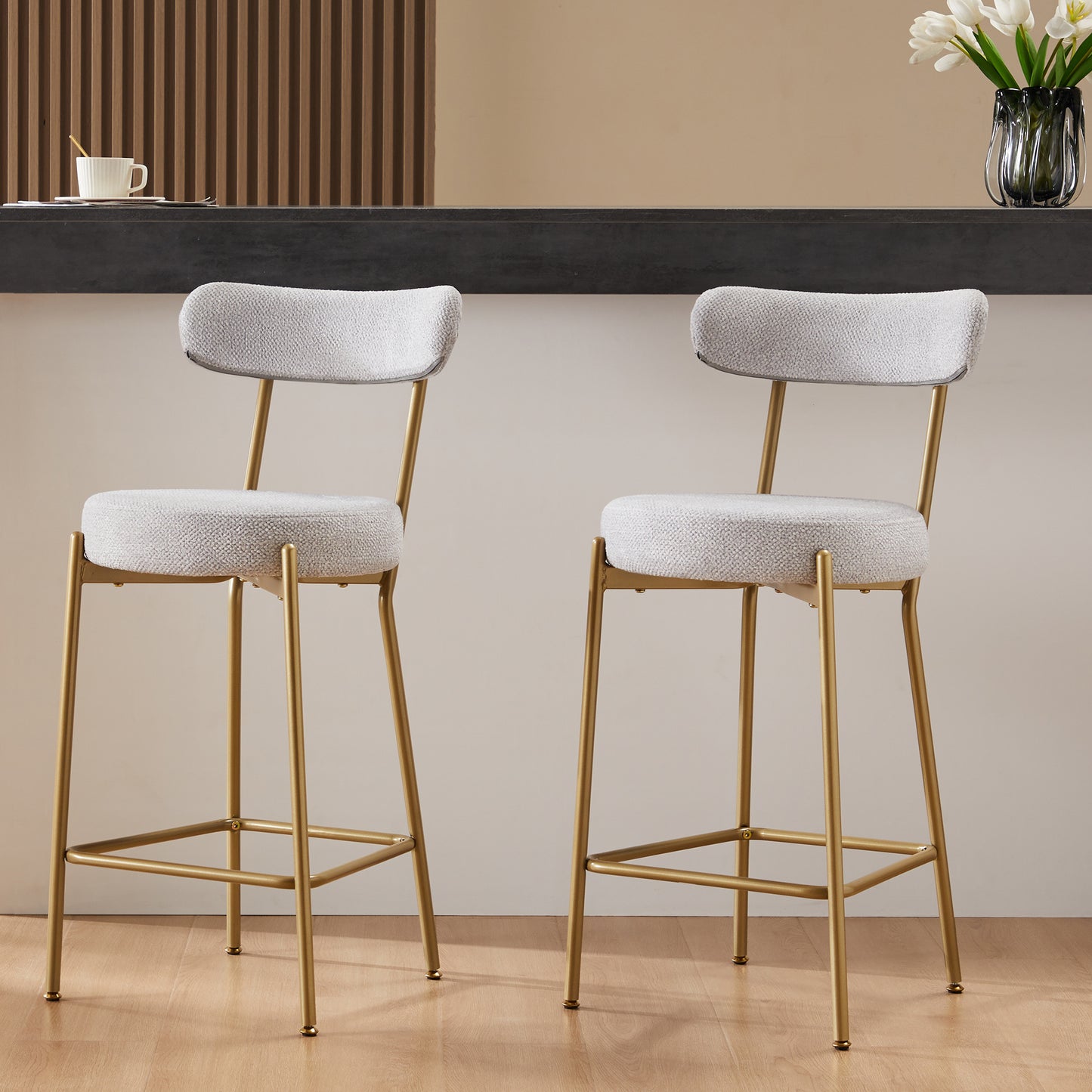 25" Modern Gold Bar Stools Set of 2 Counter Height Bar Stools for Kitchen Counter Upholstered Sherpa Counter Stools with Backs Kitchen Island Stool