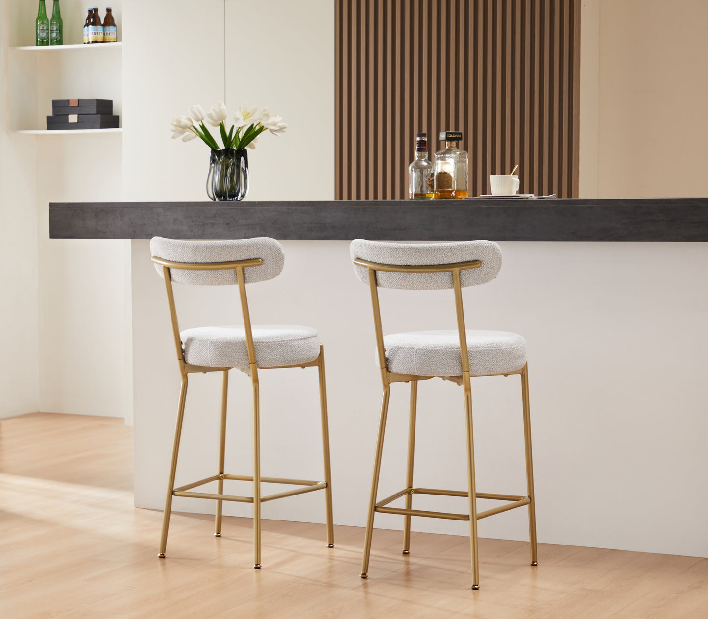 25" Modern Gold Bar Stools Set of 2 Counter Height Bar Stools for Kitchen Counter Upholstered Sherpa Counter Stools with Backs Kitchen Island Stool