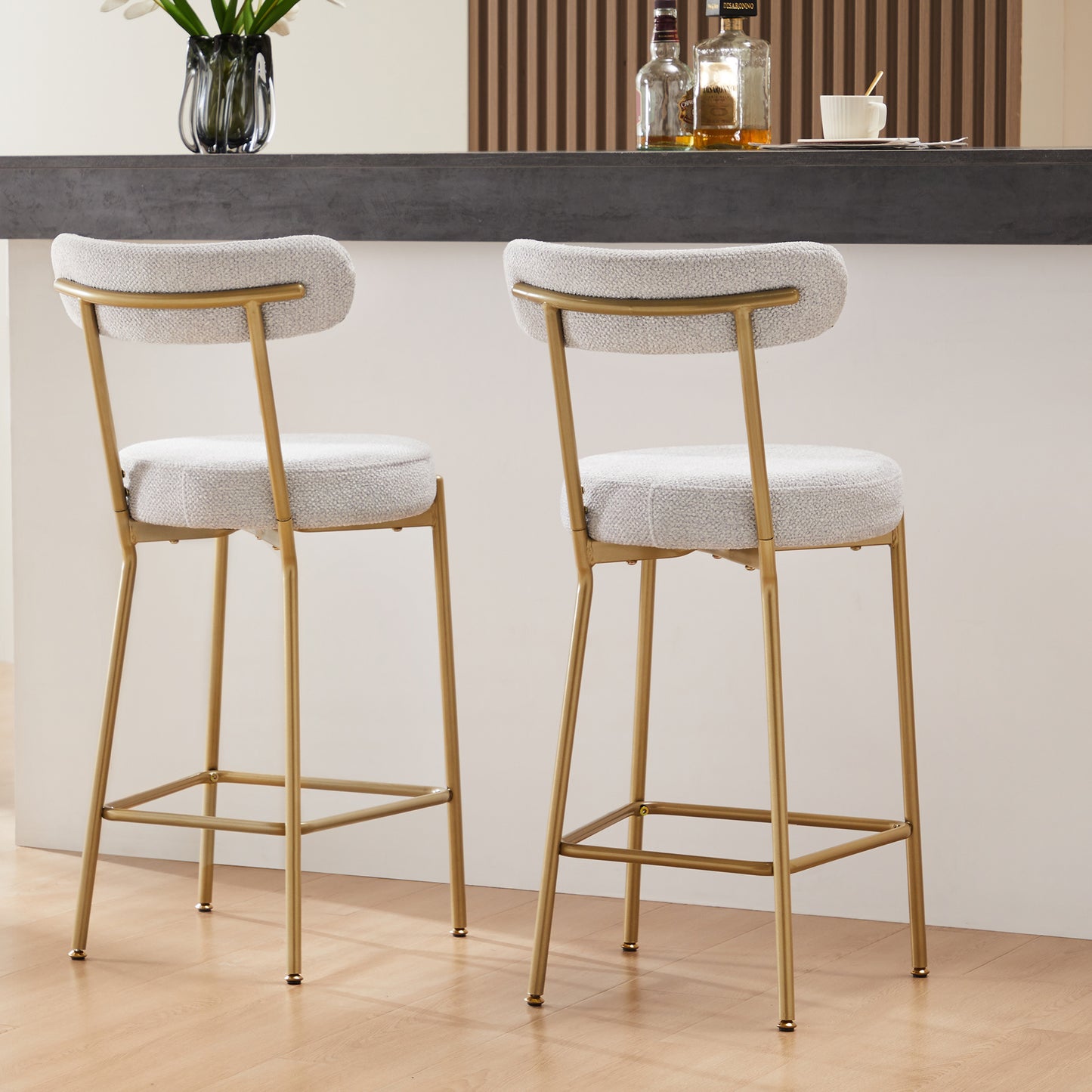 25" Modern Gold Bar Stools Set of 2 Counter Height Bar Stools for Kitchen Counter Upholstered Sherpa Counter Stools with Backs Kitchen Island Stool