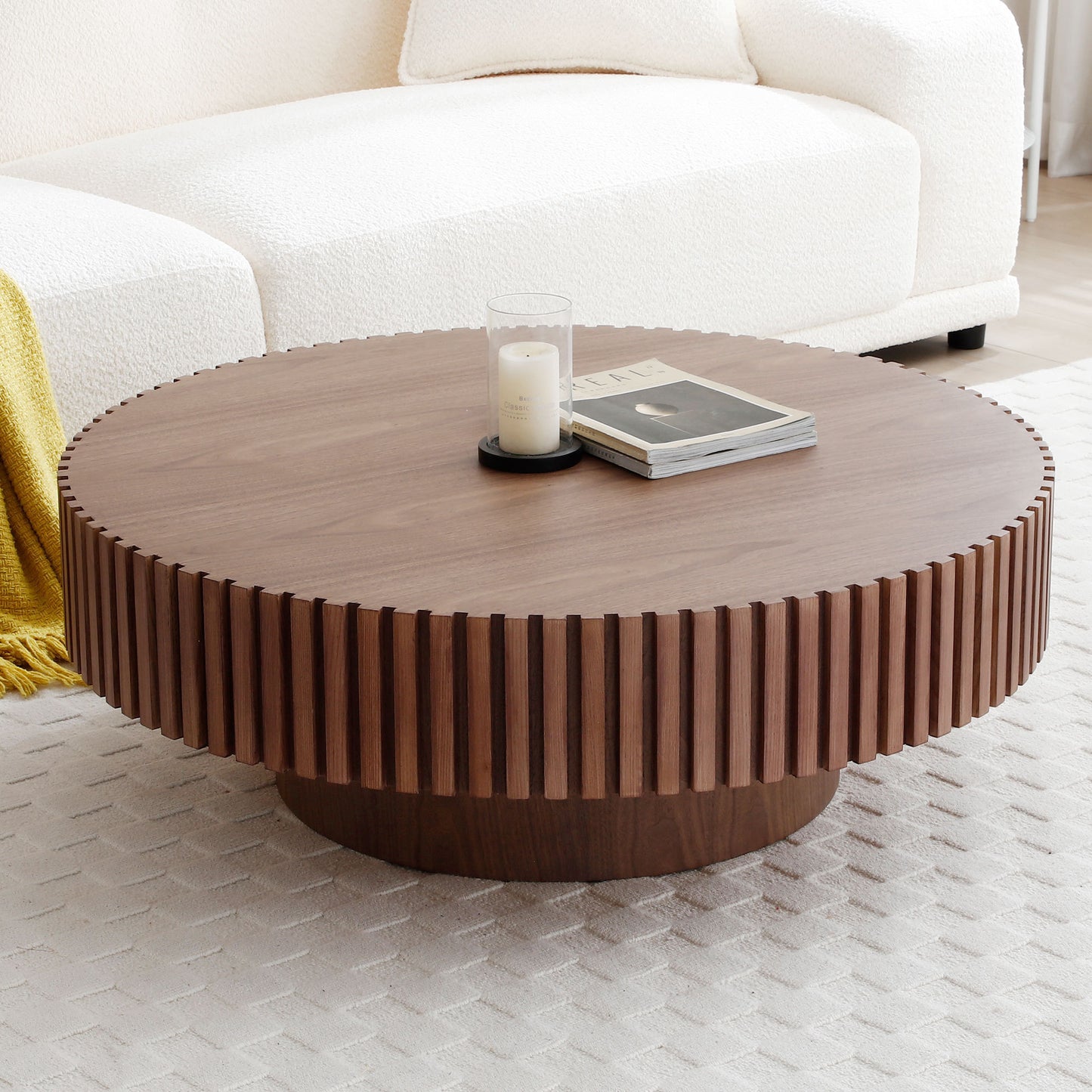 31.49'' Round Coffee Table Small Coffee Table for Apartment, Modern Living Room Coffee Table with Sturdy Pedestal,WALNUT