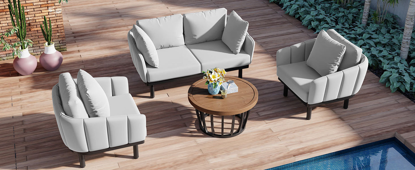 TOPMAX Luxury Modern 4-Piece Outdoor Iron Frame Conversation Set, Patio Chat Set with Acacia Wood Round Coffee Table for Backyard, Deck, Poolside, Indoor Use, Loveseat+Arm Chairs, Gray