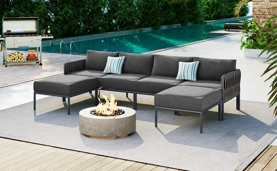 GO 6-Pieces Aluminum Patio Furniture Set, Modern Metal Outdoor Conversation Set Sectional Sofa With Removable Olefin Extra Thick Cushions 5.9" Cushion, Grey