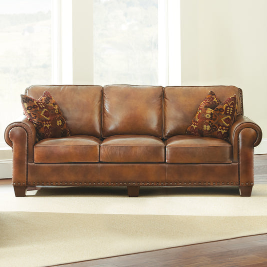 Rustic Styled Leather Sofa - Premium Construction, Top-Grain Leather - Eight-Way Hand-Tied Springs, Nail-Head Trim, Contrasting Pillows