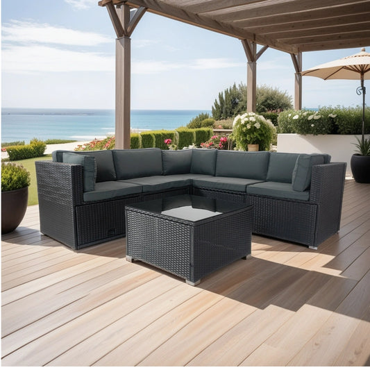 6 Pieces PE Rattan sectional Outdoor Furniture Cushioned  Sofa Set with 3 Storage Under Seat Black Wicker + Dark Grey Cushion