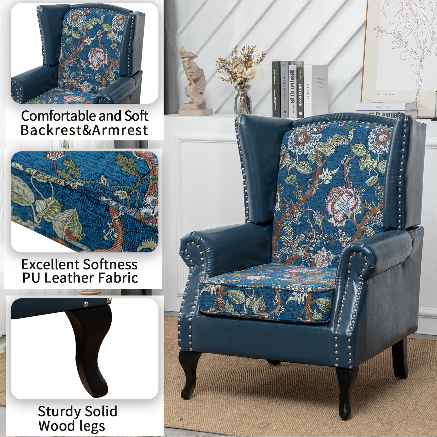 FONDHOME Modern PU Leather Upholstery Chair, Floral Texture Living Room Lounge Sofa Chair, Single Club Armchair with Rivet Trim for Bedroom Home Reception, (Blue + Flowers)