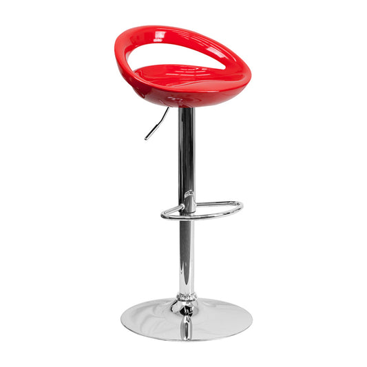 Contemporary Red Plastic Adjustable Height Bar Stool With Chrome Base  - CH-TC3-1062-RED-GG