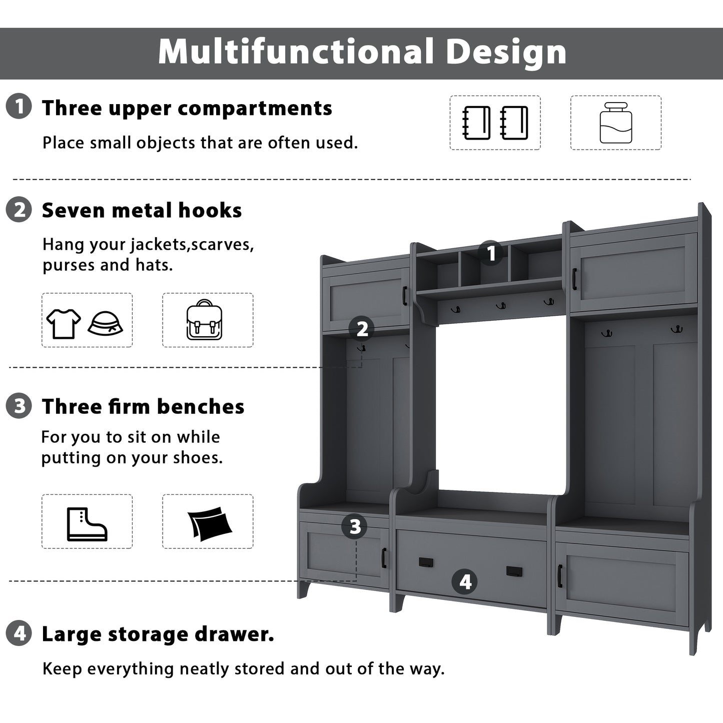 ON-TREND Modern Style 4-in-1 Multiple Functions Hallway Coat Rack with Seven Metal Black Hooks, Entryway Bench Hall Tree with Ample Storage Drawer, Grey