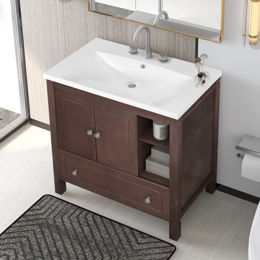 [VIDEO] 30" Bathroom Vanity with Sink, Bathroom Storage Cabinet with Doors and Drawers, Solid Wood Frame, Ceramic Sink, Brown (OLD SKU: JL000002AAD)