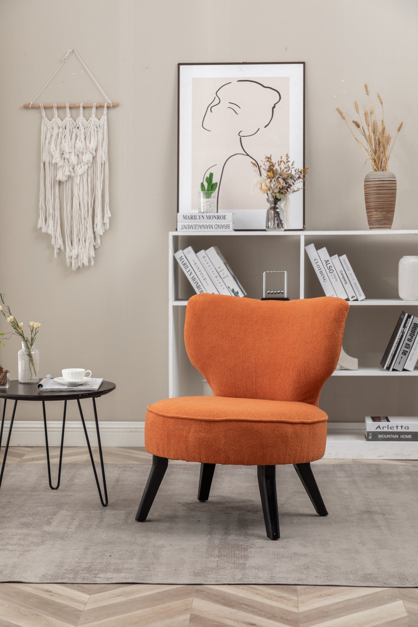 Teddy velvet Single accent chair, wooden legs, padded upholstery, High density foam, small modern armless chair, living room bedroom, ORANGE