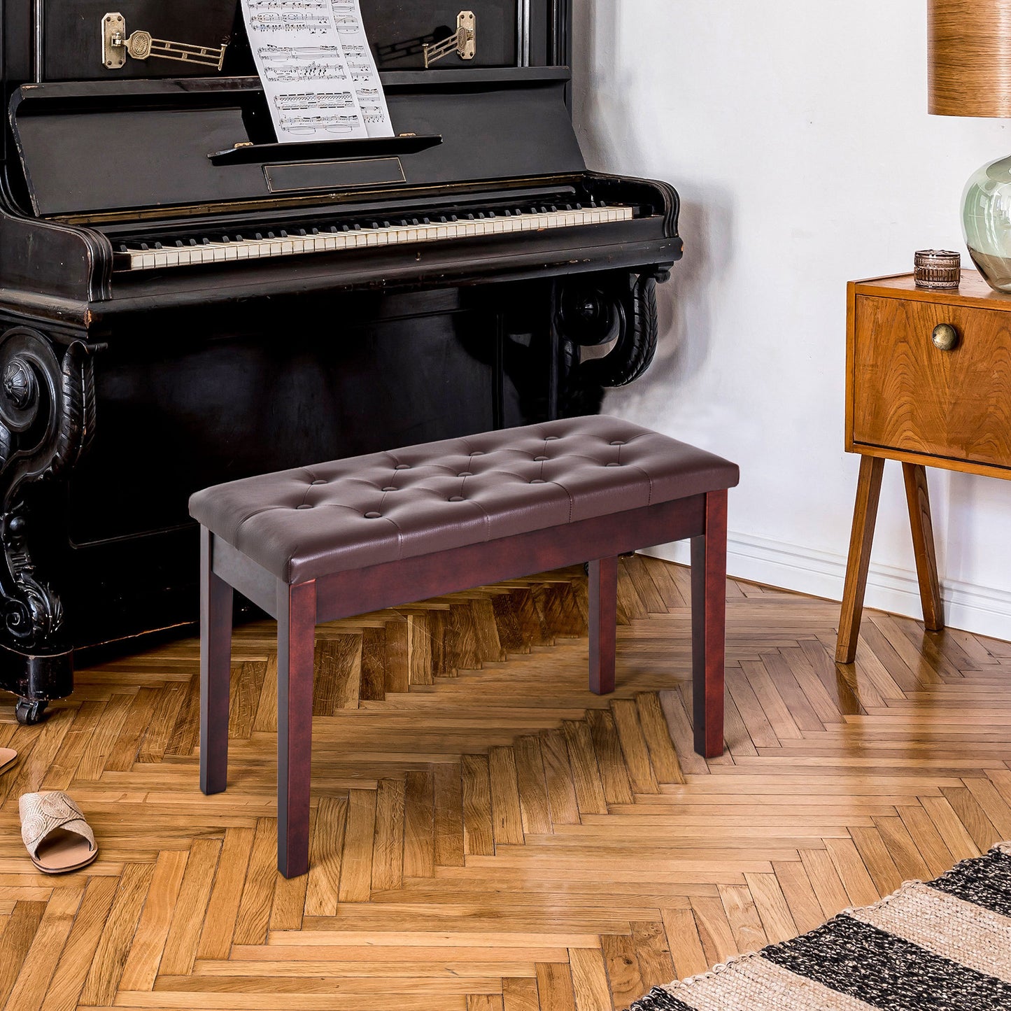 HOMCOM Piano Bench, Duet Piano Chair with Faux Leather Padded Cushion and Wooden Frame, Button Tufted Keyboard Bench, Brown