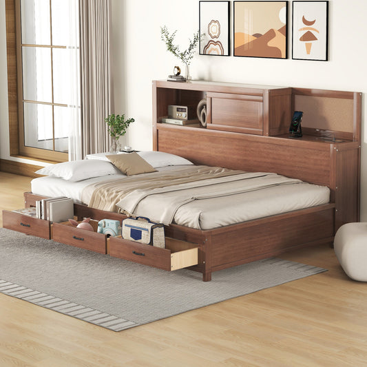 Full Size Wooden Daybed with 3 Storage Drawers, Upper Soft Board, shelf, and a set of Sockets and USB Ports, Brown