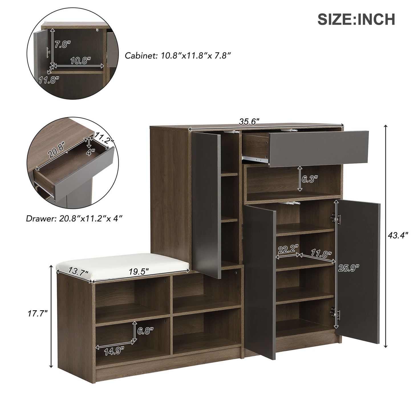 ON-TREND 2-in-1 Shoe Storage Bench & Shoe Cabinets
, Multi-functional Shoe Rack with Padded Seat, Versatile Shoe Storage Solution with Adjustable Shelves for Hallway, Grey