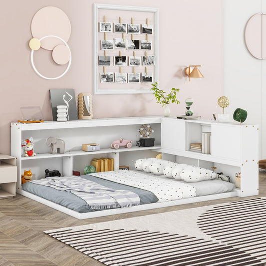 Full Floor Bed with L-shaped Bookcases, sliding doors,without slats,White