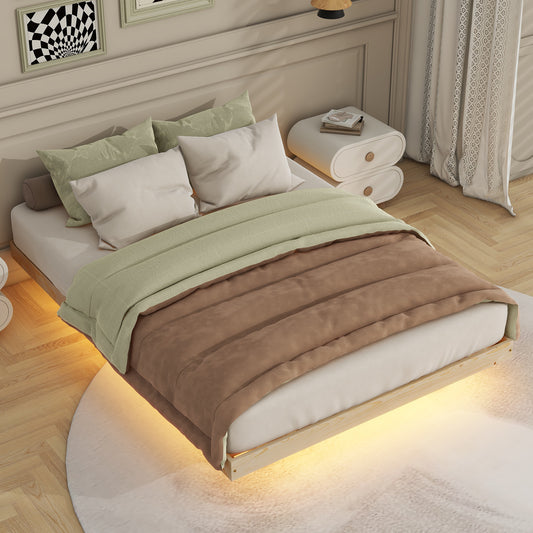 Full Size Floating Bed with LED Lights Underneath,Modern Full Size Low Profile Platform Bed with LED Lights,Natural