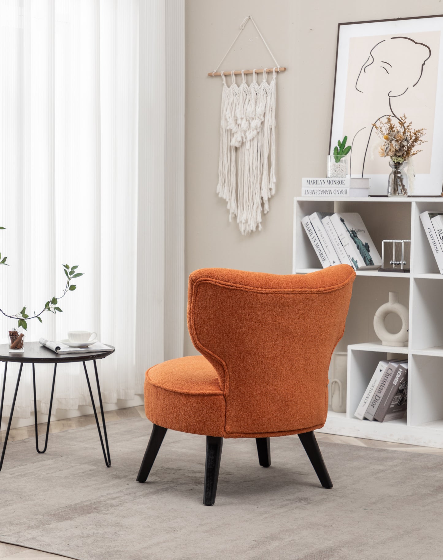 Teddy velvet Single accent chair, wooden legs, padded upholstery, High density foam, small modern armless chair, living room bedroom, ORANGE