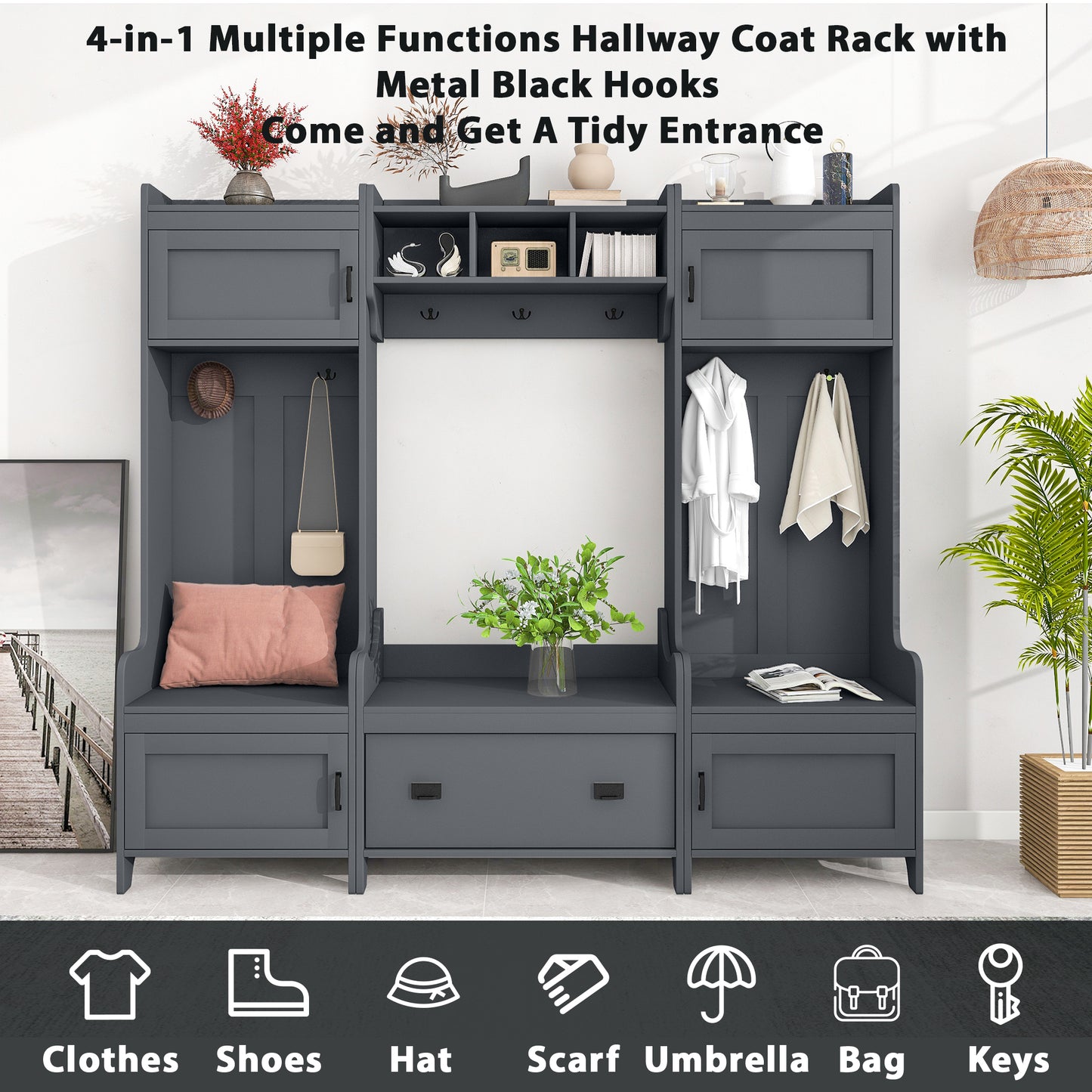 ON-TREND Modern Style 4-in-1 Multiple Functions Hallway Coat Rack with Seven Metal Black Hooks, Entryway Bench Hall Tree with Ample Storage Drawer, Grey