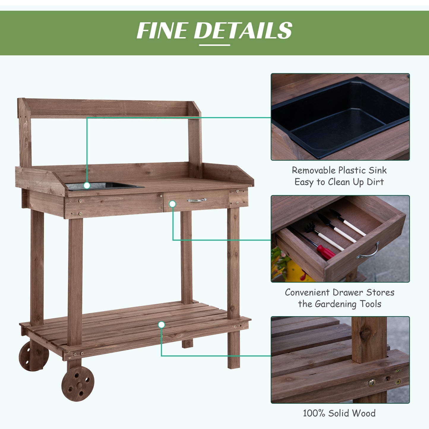 Outsunny 36'' Wooden Potting Bench Work Table with 2 Removable Wheels, Sink, Drawer & Large Storage Spaces, Brown