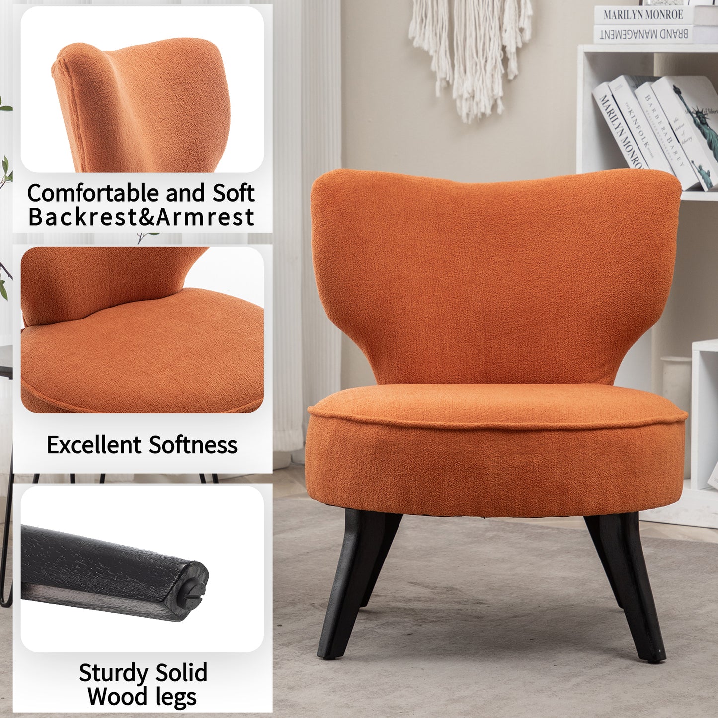 Teddy velvet Single accent chair, wooden legs, padded upholstery, High density foam, small modern armless chair, living room bedroom, ORANGE