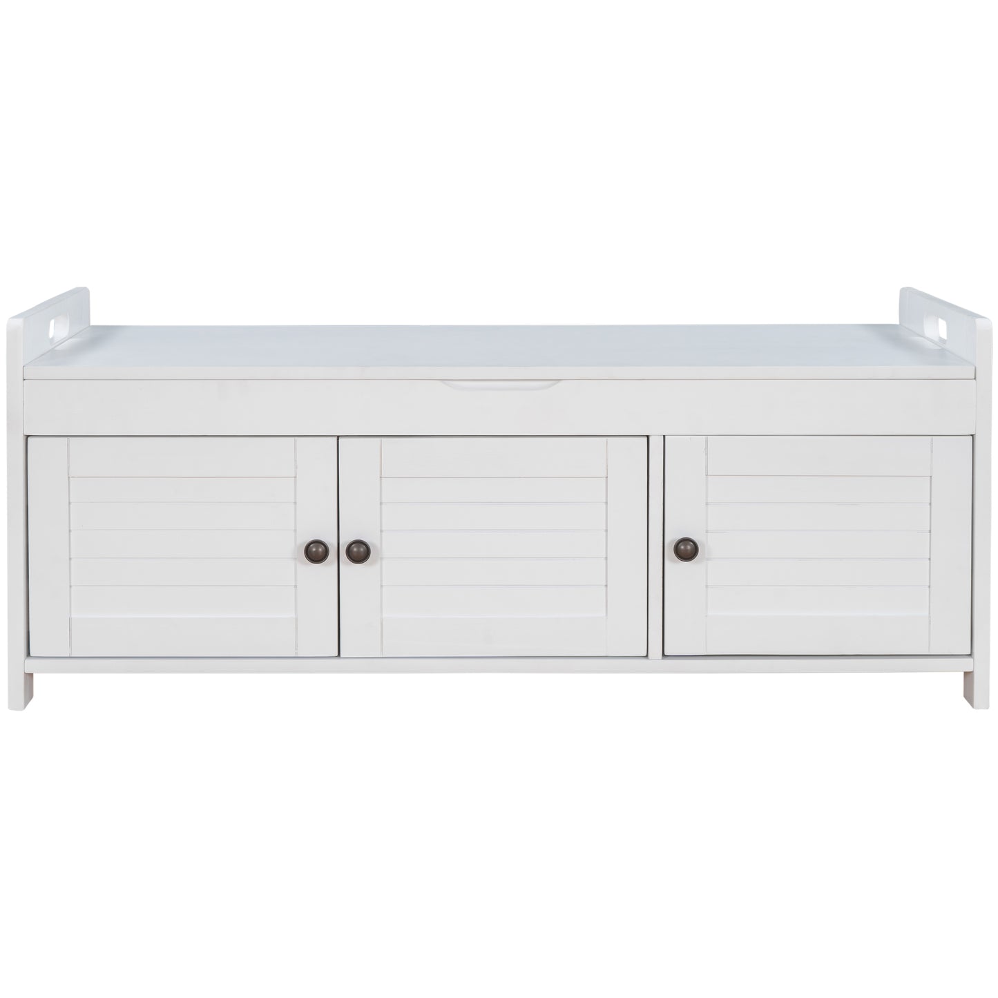 TREXM Storage Bench with 3 Shutter-shaped Doors, Shoe Bench with Removable Cushion and Hidden Storage Space (White, OLD SKU: WF284226AAK)