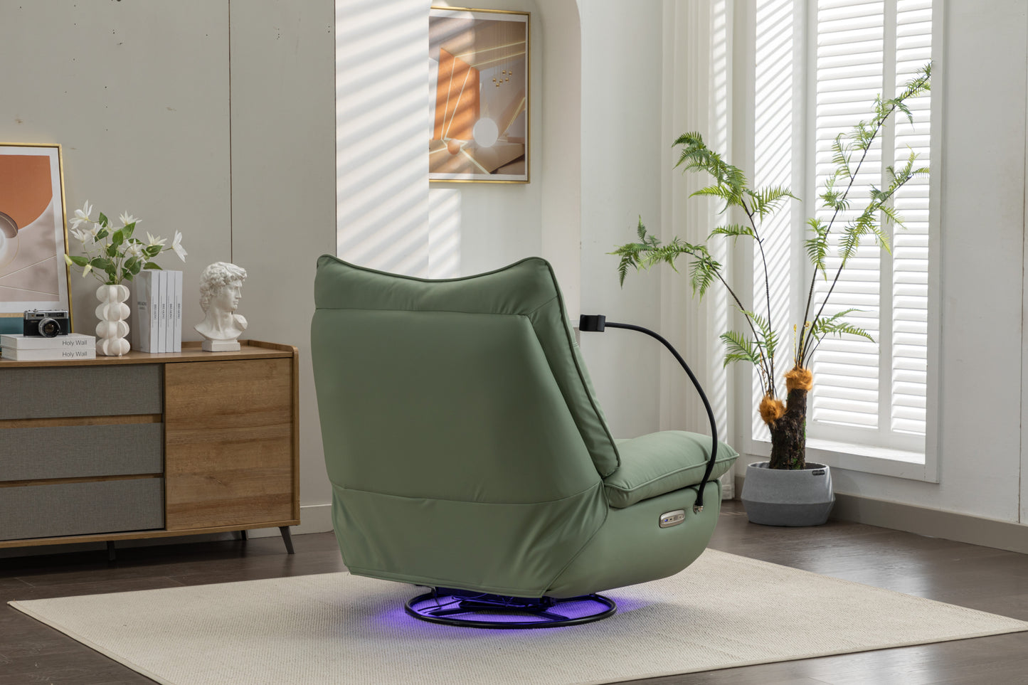 Four Modes Of  Intelligent Voice Control,Atmosphere Lamp,Bluetooth Music Player,USB Ports,Back And Forth Swing, Hidden Arm Storage and Mobile Phone Holder.270 Degree Swivel Power Recliner