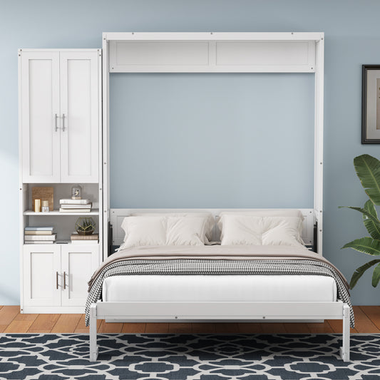 Full Size Murphy Bed with 1 Side Cabinet Storage Shelf, 61.5-inch Cabinet Bed Folding Wall Bed with Desk Combo Perfect for Guest Room,Study, Office,White(old sku:BS300609AAC)
