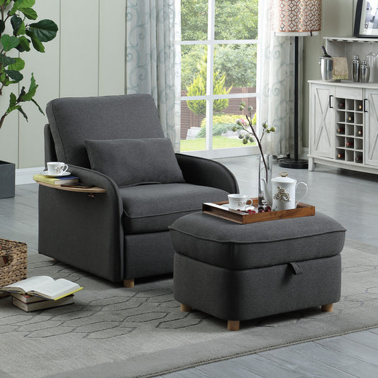 Huckleberry 36.5" Dark Gray Linen Accent Chair with Storage Ottoman and Folding Side Table