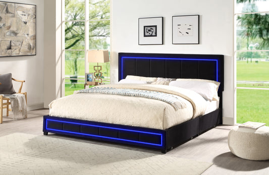 Upholstered Eastern King Size Platform Bed with LED Lights, Storage Bed with 4 Drawers, Black color fabric