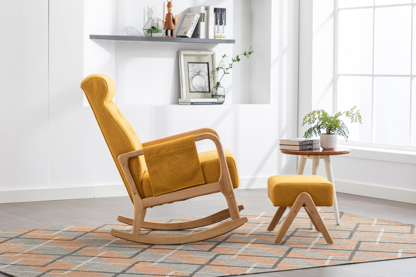COOLMORE Rocking Chair With Ottoman, Mid-Century Modern Upholstered Fabric Rocking Armchair, Rocking Chair Nursery with Thick Padded Cushion, High Backrest Accent Glider Rocker Chair for Living Room